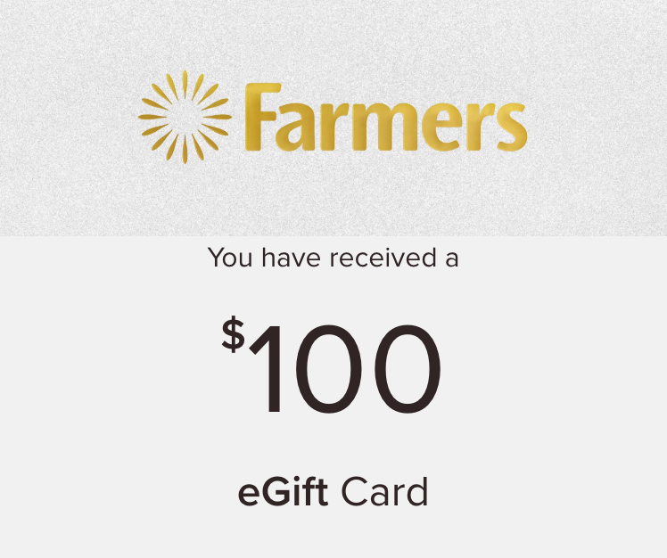"Farmers $100 gift card - perfect for clothing, cosmetics, and home goods shopping"