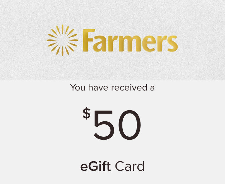 Farmers $50 gift card - fashion, beauty, and homewares from New Zealand's iconic retailer